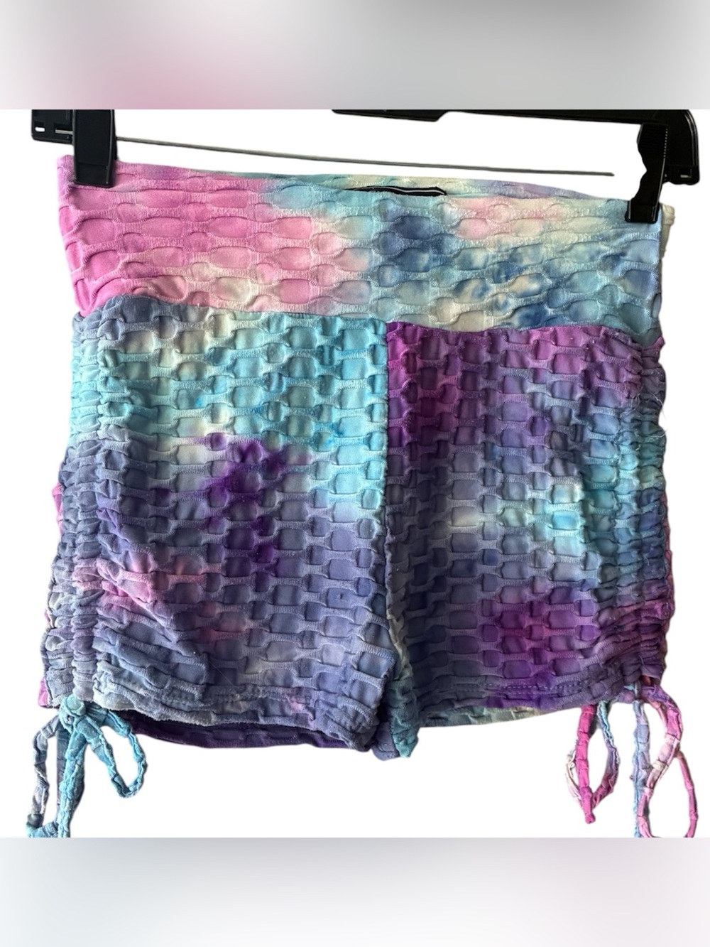 Love University Tie-Dye Ruched Mini Athletic Y2K Shorts Adjustable Ties M